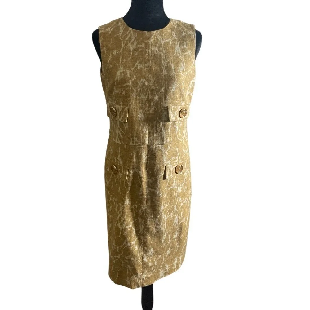 Michael Kors Y2K Vintage Mustard White Marble Print Sleeveless Sheath Dress SZ 6